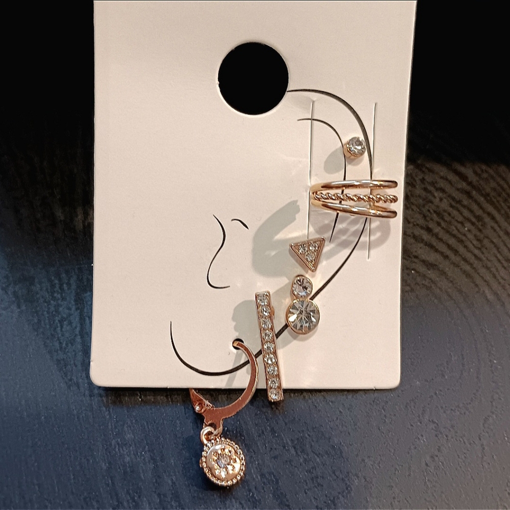 GOLD Six Piece Earrings Earcuff Set NewIncludes Studs, Drop, Hoop, and Dangle
